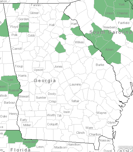 The Georgia range of Asclepias viridiflora
